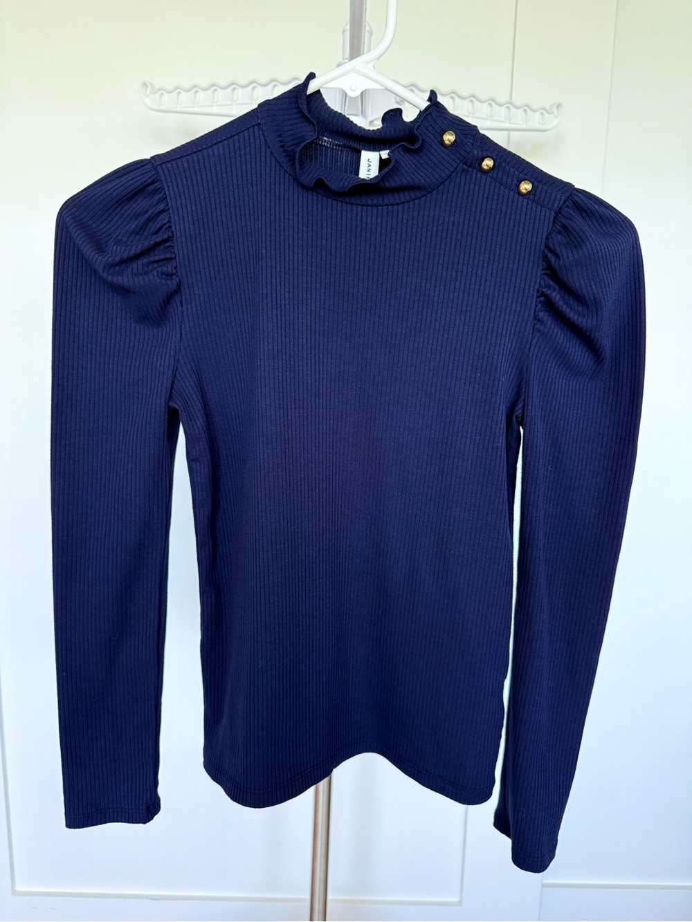 Janie and Jack Girl Navy Ribbed Mock Neck Top with Puff Sleeves and Gold Buttons